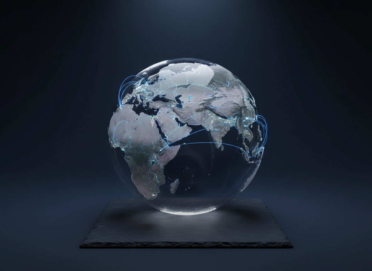 A polished 3D globe resting on a dark, matte surface, with the Middle East region and China rendered in crisp detail and highlighted using a subtle blue glow. Fine, luminous lines arc cleanly between major cities in China and Gulf region hubs, symbolizing air, sea, and land routes. The background fades into a deep, soft-focus gradient, suggesting depth and global reach without distractions. A single, focused overhead light creates gentle reflections on the globe’s surface, with soft shadows grounding it. Photographic realism with a clean, modern aesthetic, captured from a slightly elevated angle, conveys strategic connection, precision, and forward-thinking international logistics.