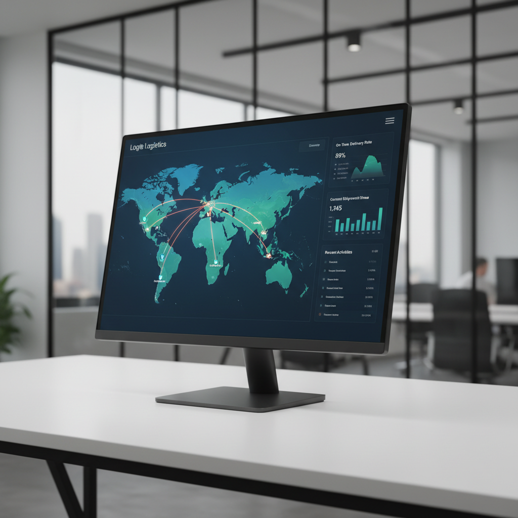 A close-up view of a sleek digital logistics dashboard displayed on a slim, dark-gray monitor standing on a minimalist white desk. The screen shows a world map with bright, highlighted routes connecting China to various Middle Eastern ports, live tracking icons, and clean data charts. The background is a softly blurred, modern office interior with glass surfaces and subtle reflections, emphasizing a high-tech environment. Neutral daylight from a large unseen window creates soft, even illumination with minimal shadows, reinforcing clarity and professionalism. Shot at an eye-level angle with shallow depth of field in photographic realism, the scene feels precise, organized, and trustworthy, ideal for illustrating online logistics tracking functionality.