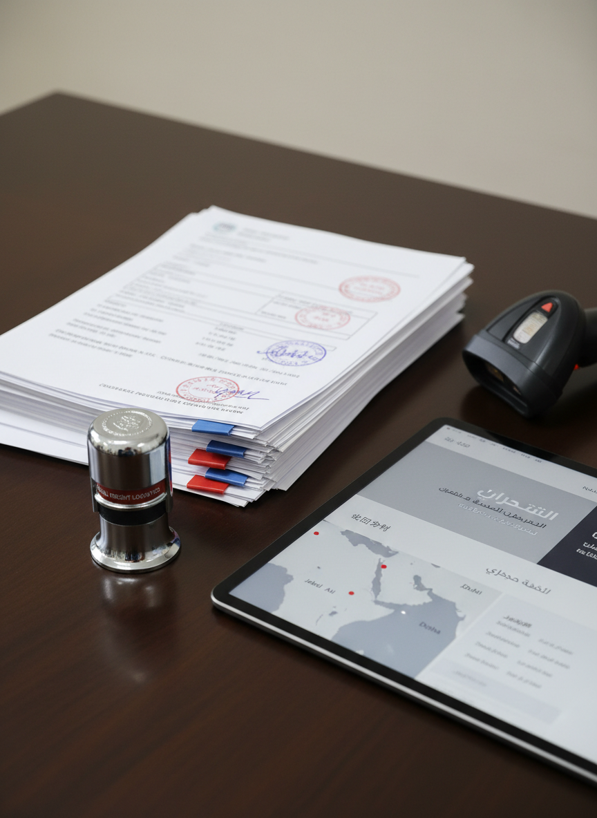 A detailed close-up of an organized export documentation setup on a dark wooden desk: stamped shipping documents neatly stacked, a metallic company-branded seal, a barcode scanner resting beside a tablet displaying a clean, bilingual Chinese-Arabic logistics interface. A map segment emphasizing Middle Eastern ports appears on the tablet screen. Soft neutral office lighting from above creates minimal glare and subtle shadows, enhancing legibility of the printed text and digital screen. Photographic realism with a centered composition and shallow depth of field focuses on precision and compliance. The mood is meticulous, trustworthy, and professional, perfect for illustrating customs clearance and documentation services in international freight.