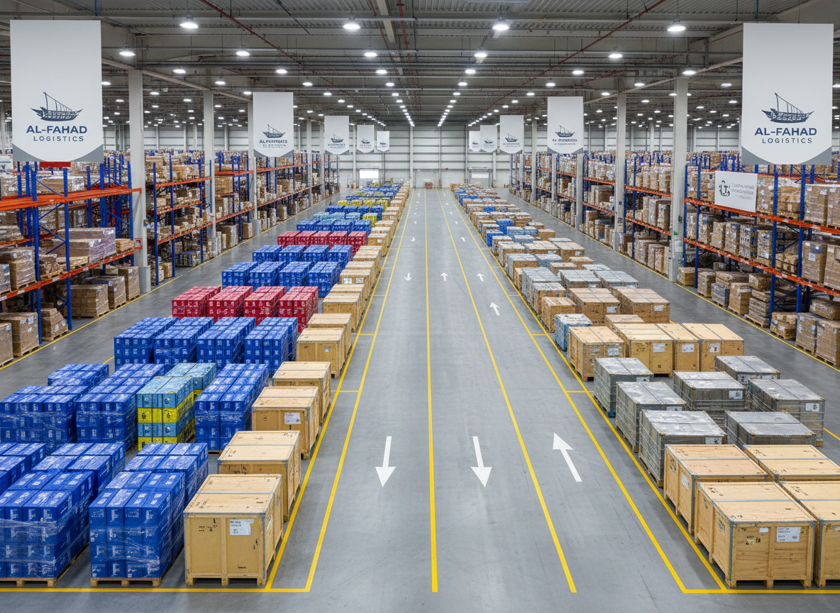 A wide overhead photographic view of an expansive logistics warehouse dedicated to Middle Eastern routes, with perfectly aligned rows of labeled pallets and neatly wrapped cargo. Brightly colored shipping boxes, sturdy wooden crates, and metal containers rest on polished concrete floors with clearly marked lanes and directional arrows. Cool, evenly distributed LED ceiling lights create a bright, shadow-free environment that emphasizes order and efficiency. The composition uses strong leading lines formed by shelves and pathways, drawing the eye deeper into the frame. The mood is highly organized, secure, and dependable, visually communicating robust international freight handling capacity for a professional logistics company website.