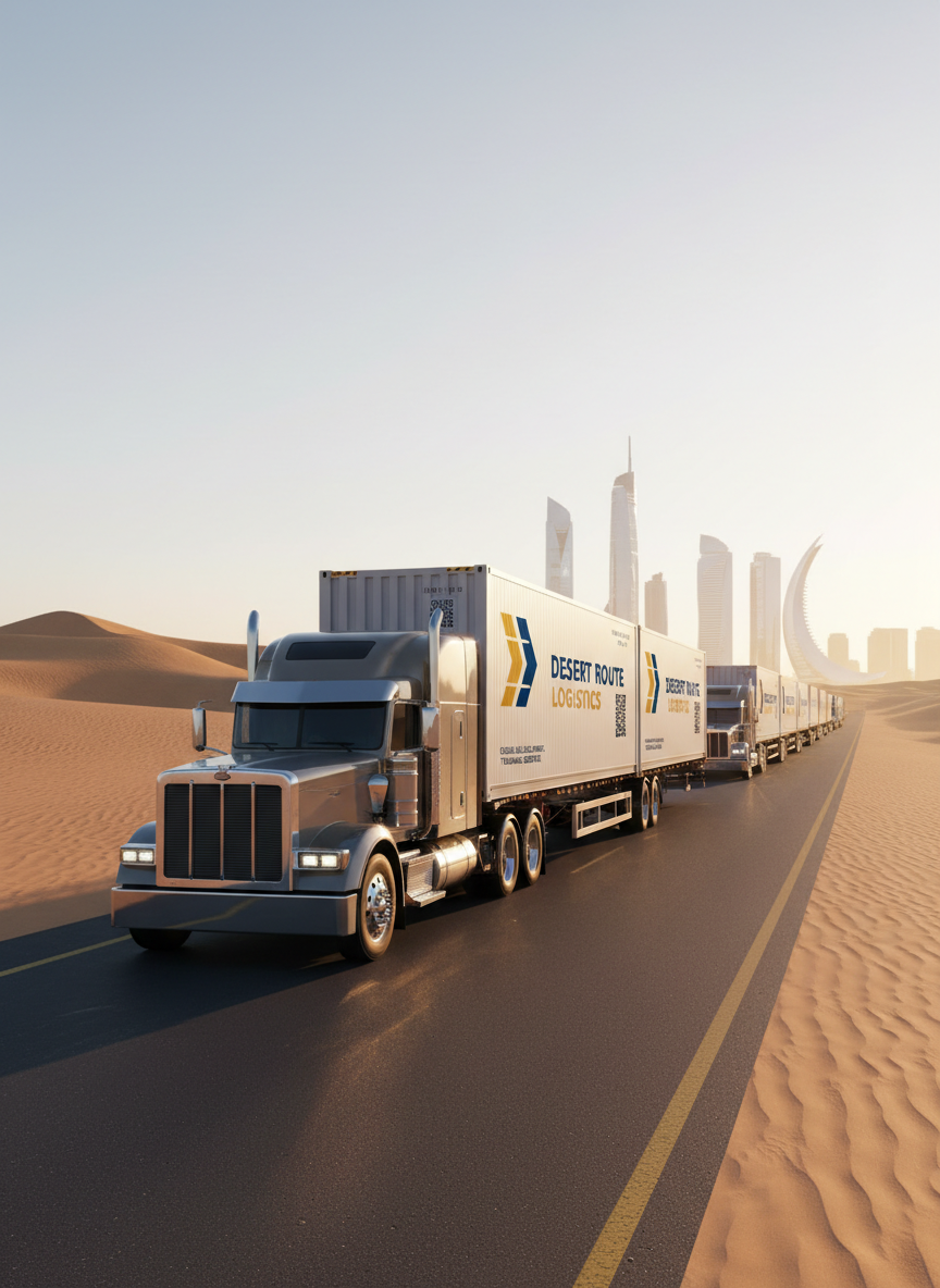 A high-resolution photographic scene of a convoy of branded shipping containers on trailers moving along a perfectly maintained desert highway, with golden sand dunes and distant modern Middle Eastern skyline on the horizon. The containers are clean, with sharp, legible markings and QR codes, emphasizing professionalism and traceability. Late afternoon golden-hour sunlight creates warm highlights on the metal surfaces and long, defined shadows stretching across the asphalt. Shot from a low side angle, the leading truck and containers dominate the foreground while the highway lines guide the eye into the distance. The atmosphere is dynamic, reliable, and ambitious, ideal for showcasing dedicated Middle East logistics routes.