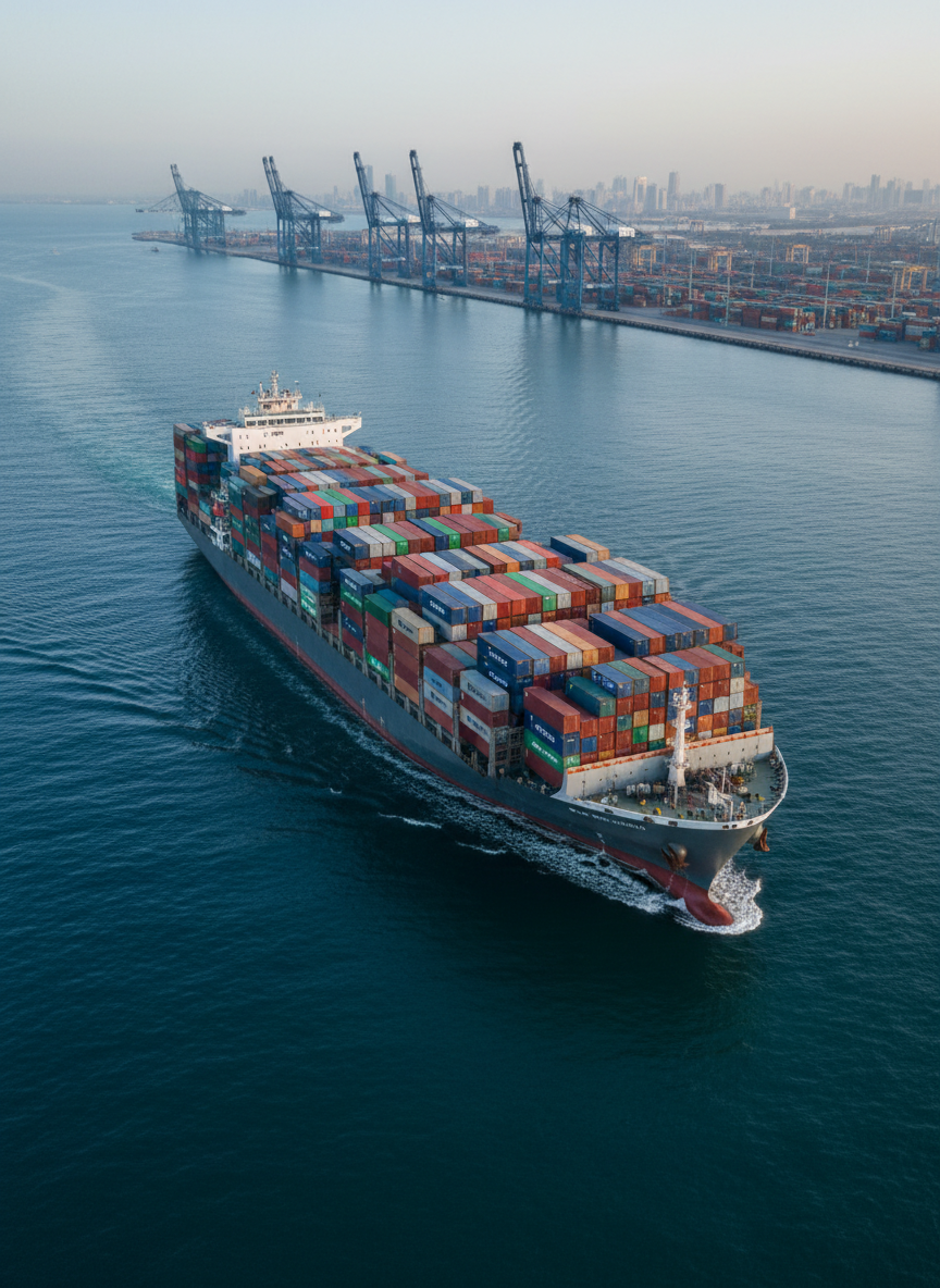 A large, modern cargo ship with neatly stacked multicolored containers, each marked with clear barcodes and shipping labels, cutting through a calm deep-blue sea. In the distance, a Middle Eastern port skyline with clean, geometric cranes and orderly container yards is softly blurred. Early morning light casts a cool, professional glow across the ship’s metallic surfaces, creating crisp reflections along the water. Captured from a slightly elevated eye-level angle in photographic realism, the composition follows the rule of thirds, with sharp focus on the vessel and a gentle bokeh background. The mood is reliable, efficient, and forward-looking, perfect for a professional international logistics homepage hero image.